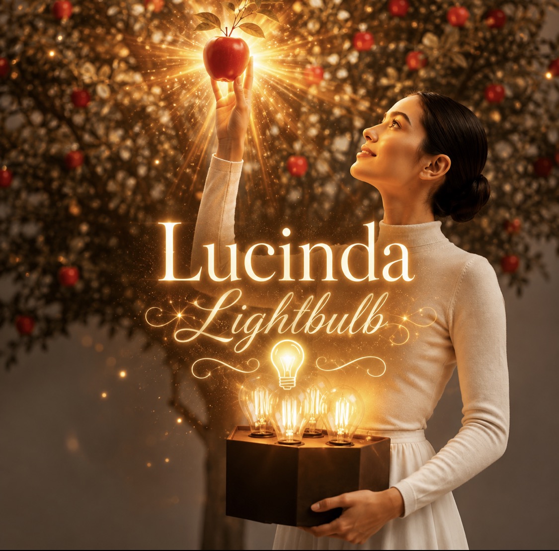 Lucinda Lightbulb holding a glowing apple and a box of illuminated bulbs