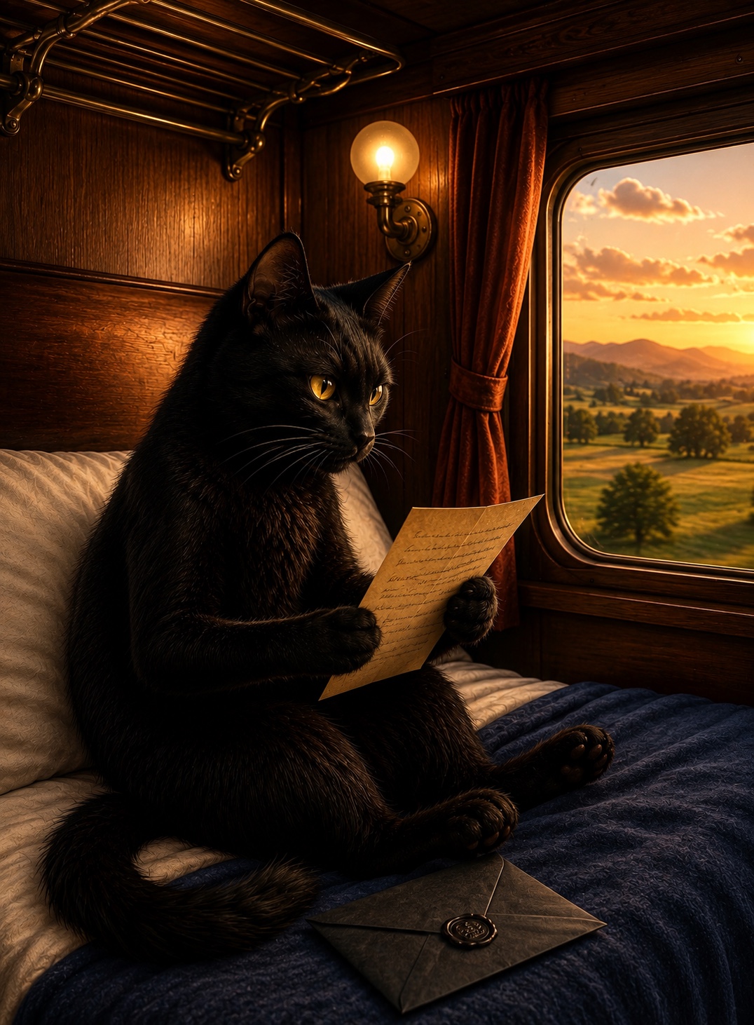 Bob the Black Cat reading Lady Marmalade’s letter aboard the Train to Elsewhere