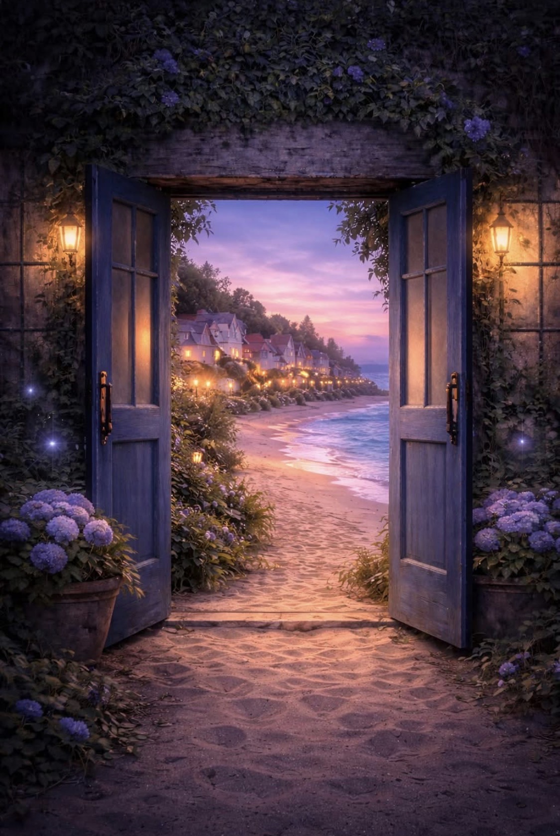 An open doorway leading to a luminous shoreline