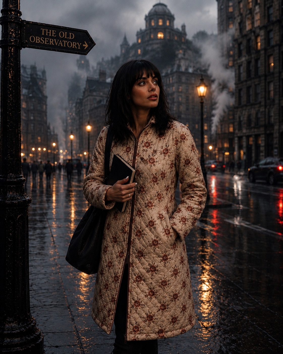 Missy walking through the gloomy, rain-soaked Big City of Nowhere toward the Old Observatory
