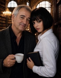 Anna and Douglas Adams in a warm library, holding books and tea.