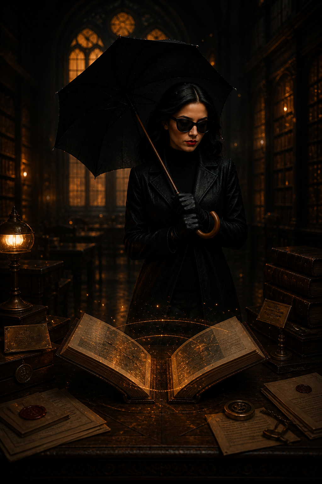The Head Librarian standing in the Library of Y'all before two mirrored books