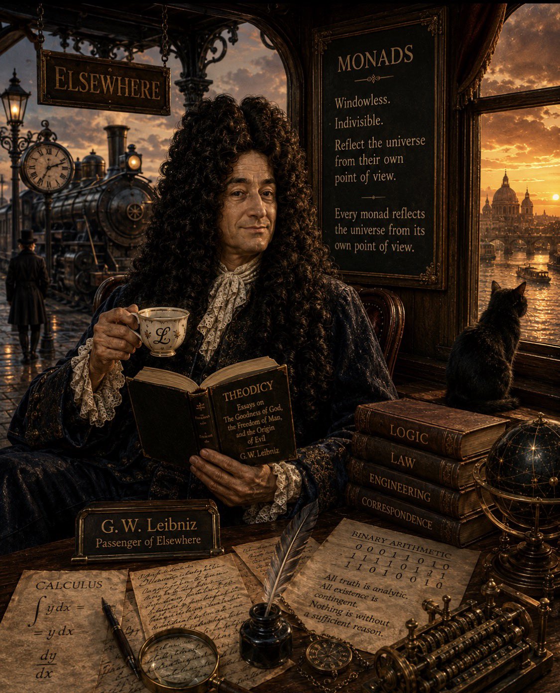 Leibniz seated at Elsewhere Station with books, monads, a train, and a black cat by the window.
