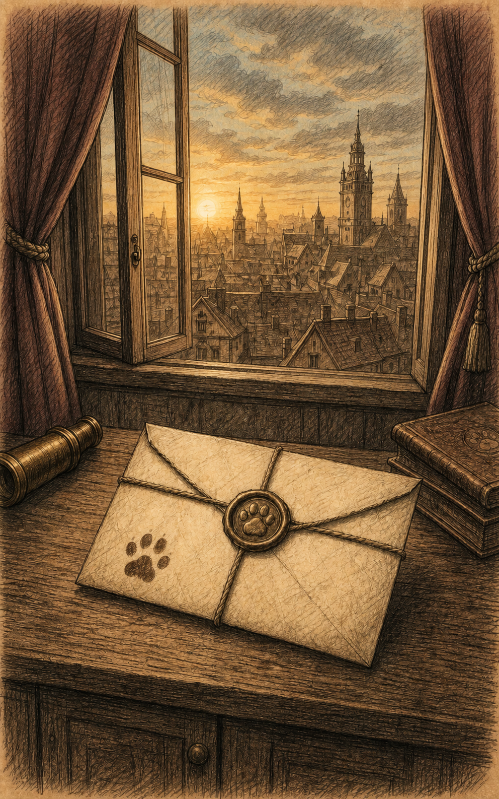 A paw-sealed letter rests by an open window overlooking the city of Elsewhere.