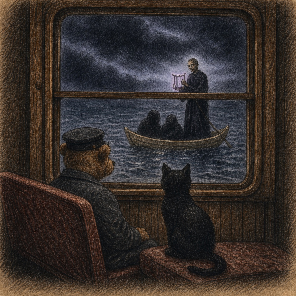 Colorized published-book sketch of Bearton Rogers and Bob the Black Cat watching a mysterious musician on the River Styx from the Train to Elsewhere.