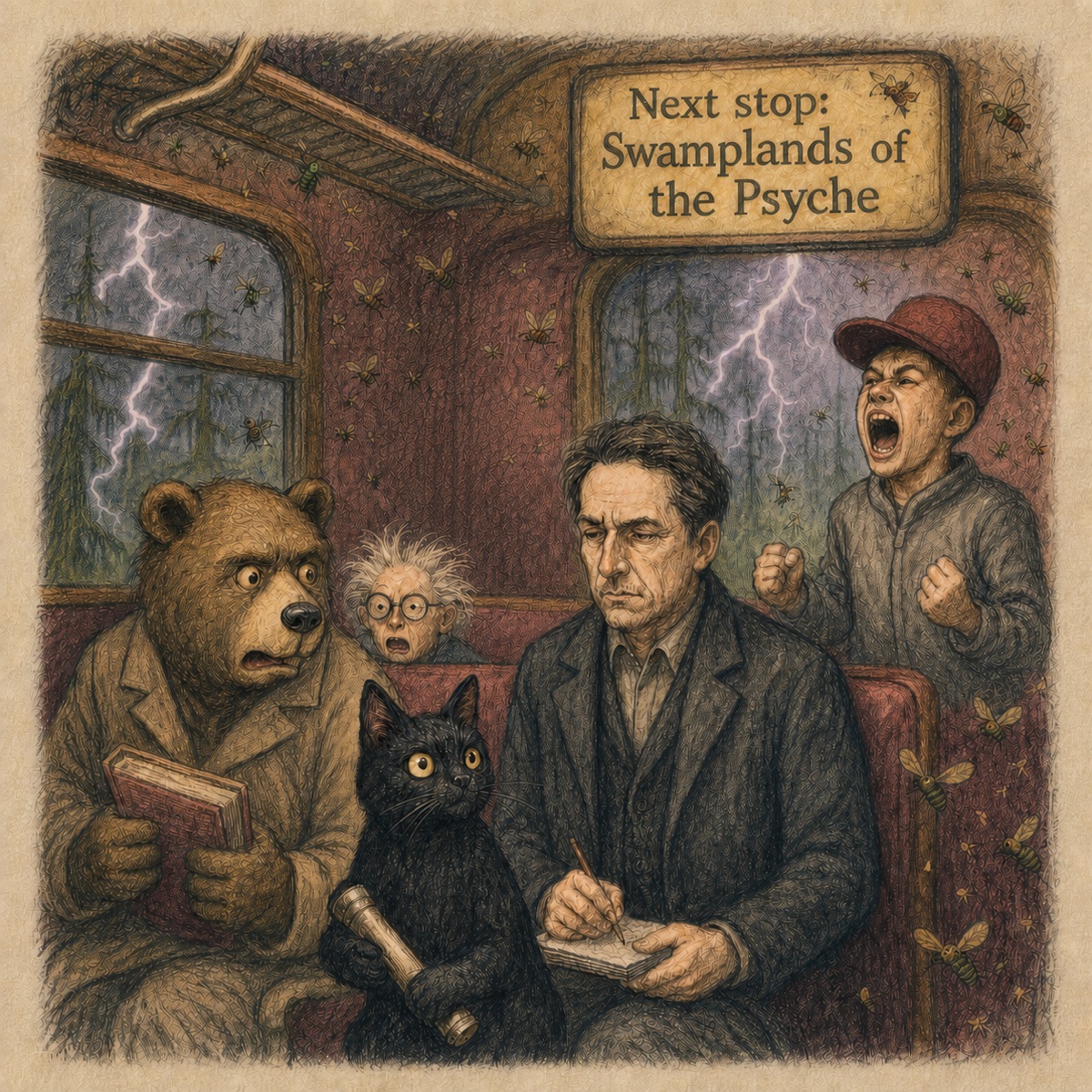 Colorized published-book sketch of passengers aboard the Train to Elsewhere approaching the Swamplands of the Psyche.