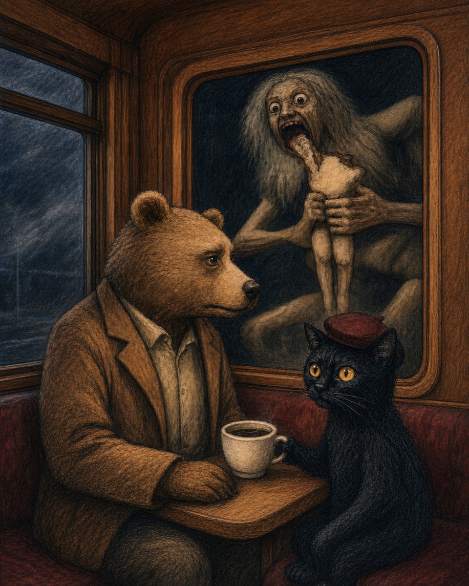 Colorized published-book sketch of Bearton Rogers and Bob the Black Cat aboard the Train to Elsewhere, observing the mythic tale of Cronus through the window.