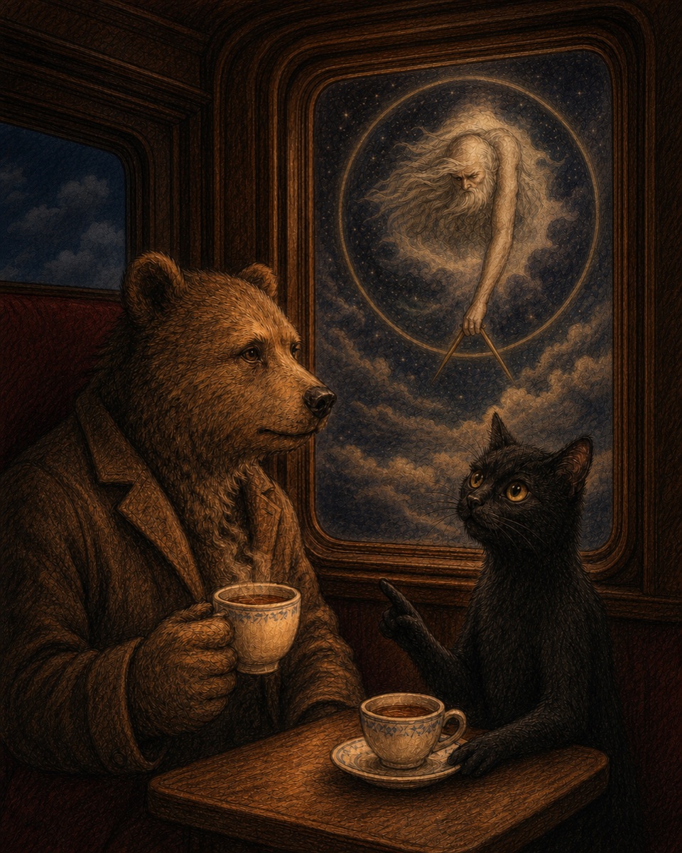 Colorized published-book sketch of Bearton Rogers and Bob the Black Cat sharing tea while Necessity measures the world beyond the Train to Elsewhere.