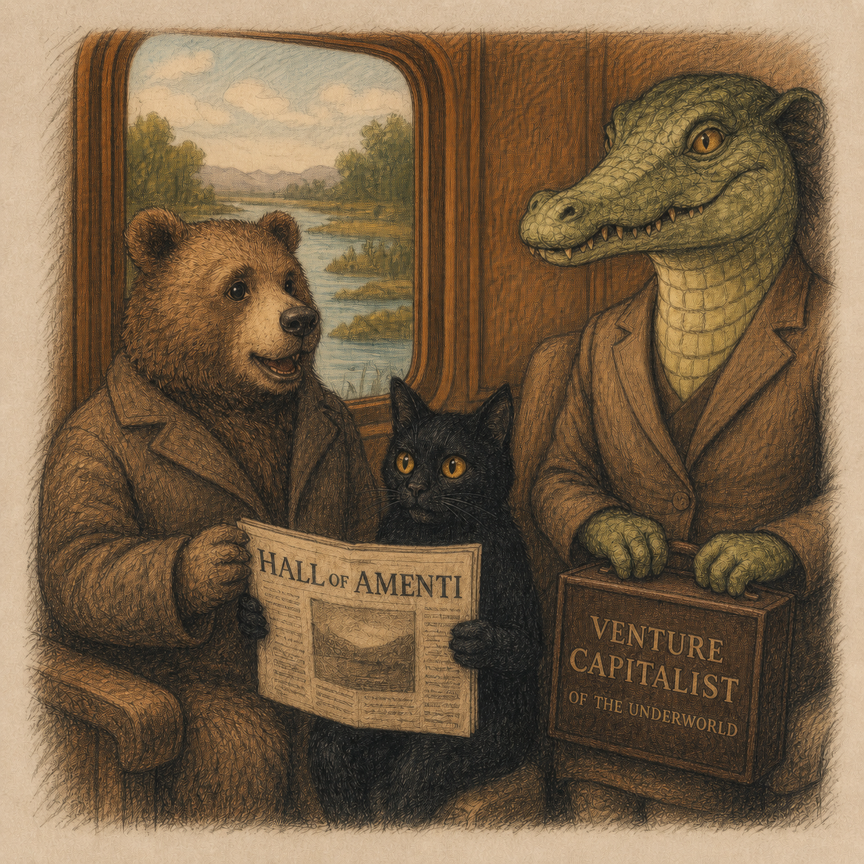 Bearton Rogers, Bob the Black Cat, and Nafretiri the crocodile seated aboard the train beside the River Nile.