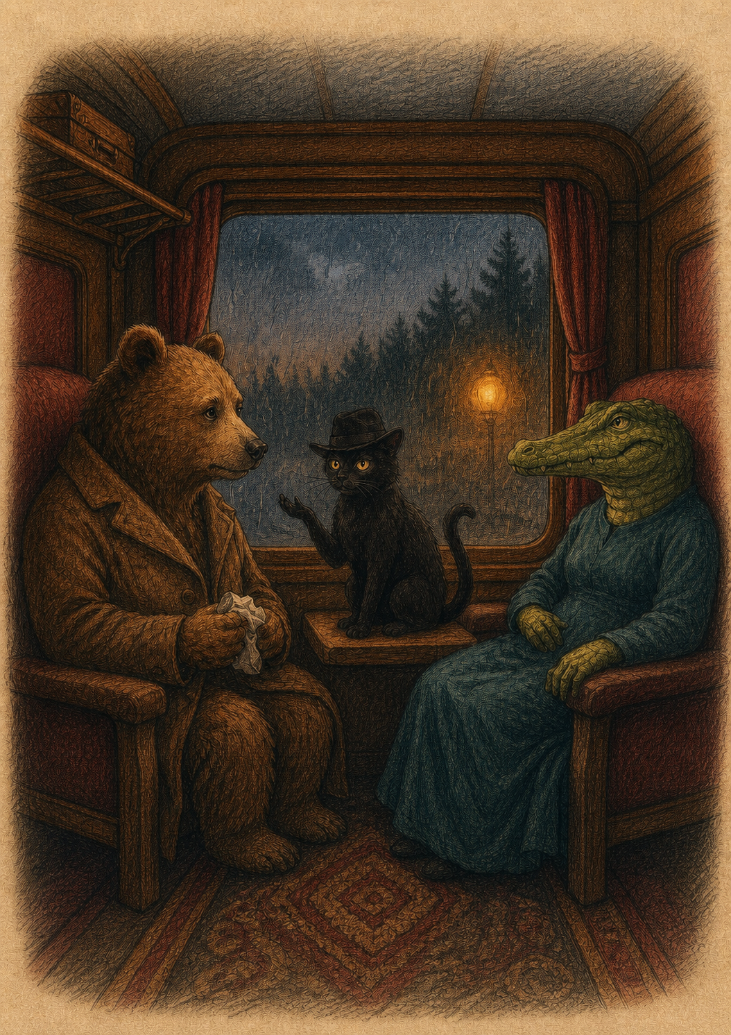 Bearton Rogers, Bob the Black Cat, and Crocodama seated together inside the Train to Elsewhere.