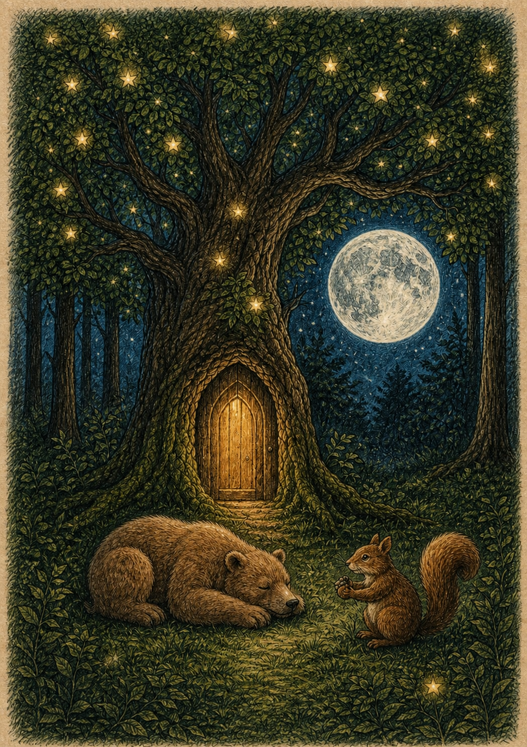 The cosmic Oak of Duir beneath the full moon, with a sleeping bear cub and a squirrel holding an acorn.