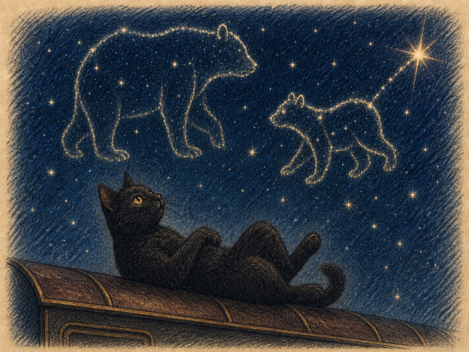 Bob the Black Cat lies on the train roof beneath the Great Bear and Little Bear constellations, with Polaris shining brightly