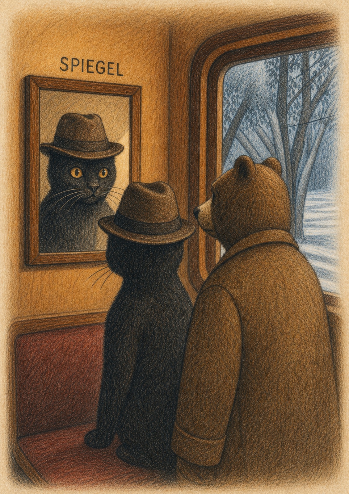 Bob the Black Cat and Bearton face an uncanny mirror labeled SPIEGEL inside the Train to Elsewhere