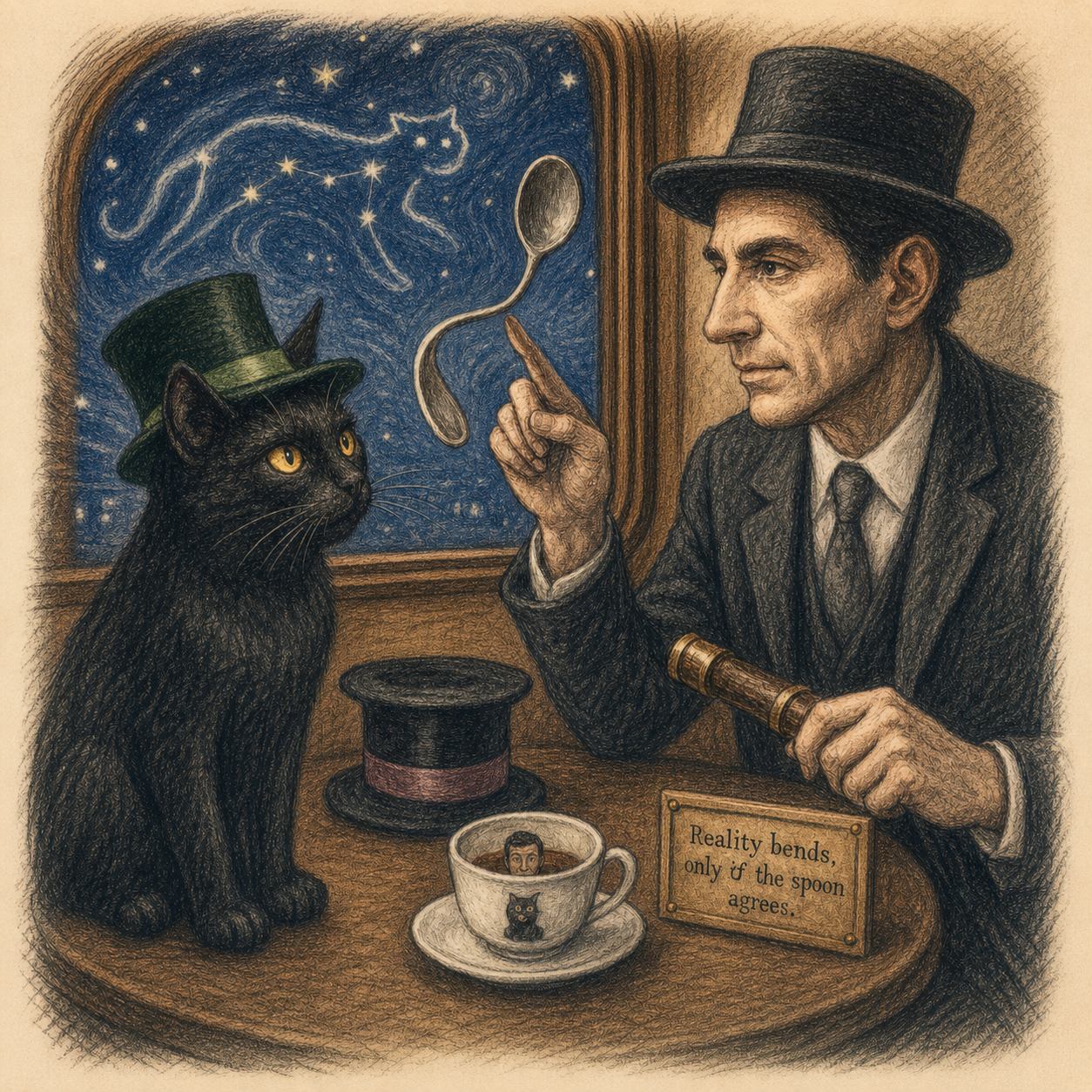 Bob the Black Cat and Uri Geller contemplating a bending spoon inside Cabin Somnus del Chamán