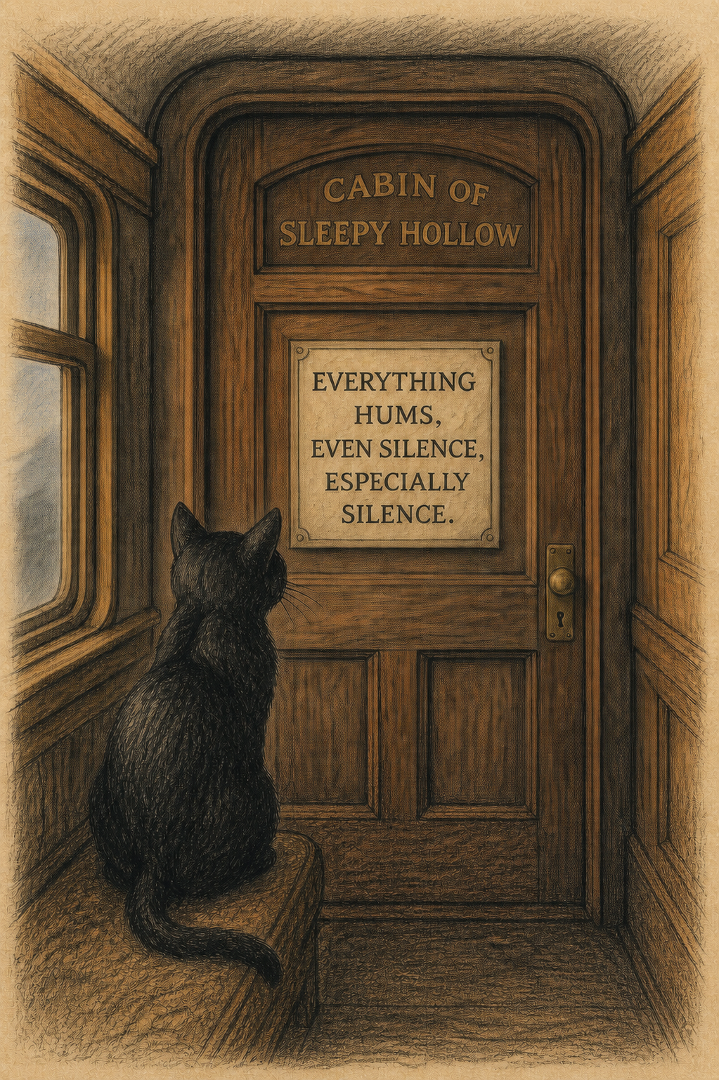 Bob sits before the Cabin of Sleepy Hollow door, where a sign reads that everything hums, even silence.
