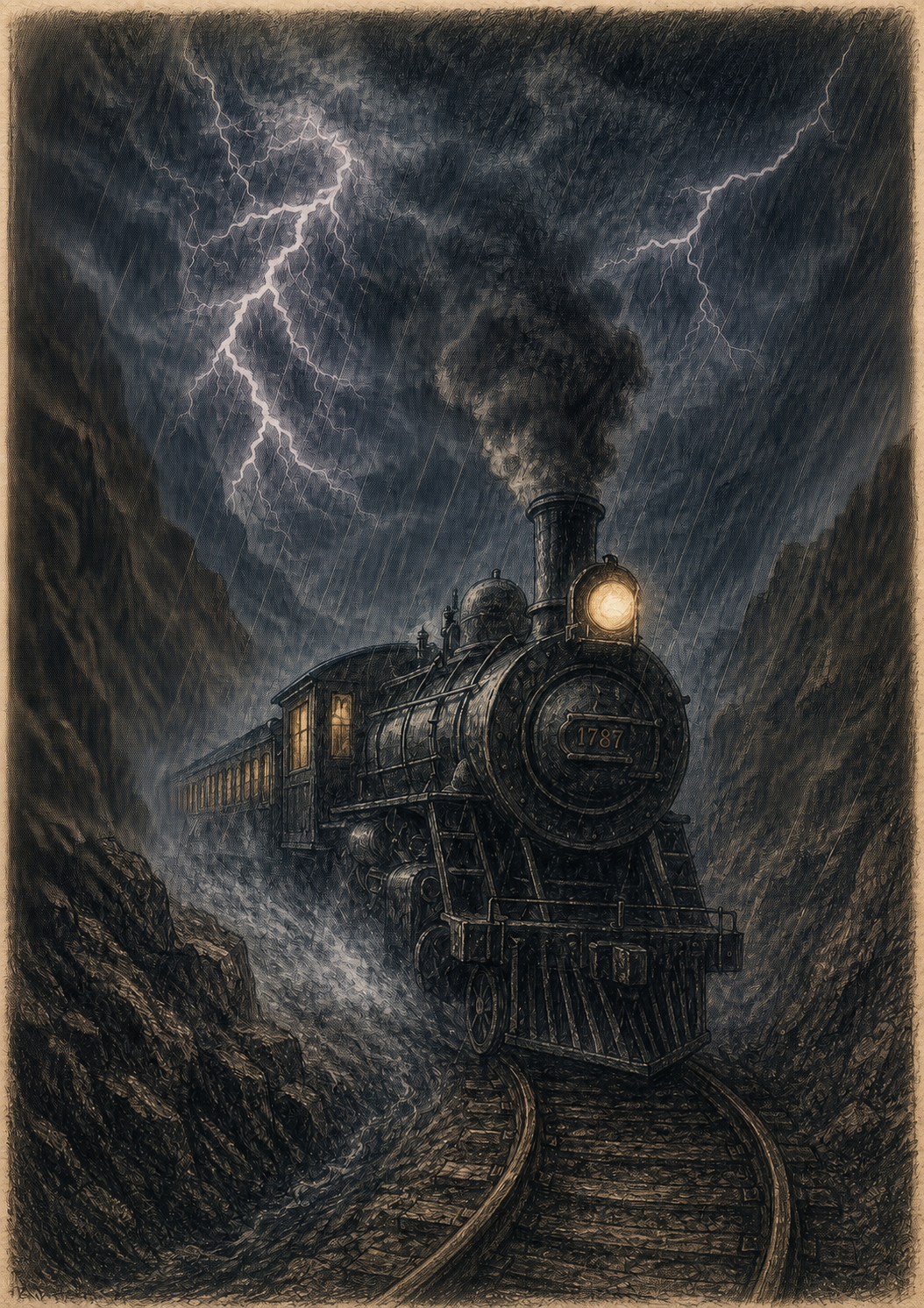 The Train to Elsewhere descends through a storm-filled ravine toward the River of Lethe.