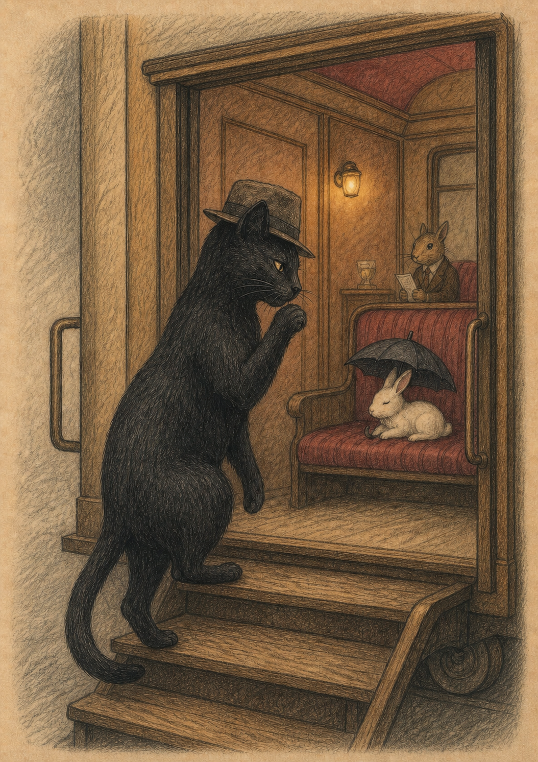 Bob returns dry to the Train to Elsewhere wearing a brown felt hat while two rabbits wait inside.