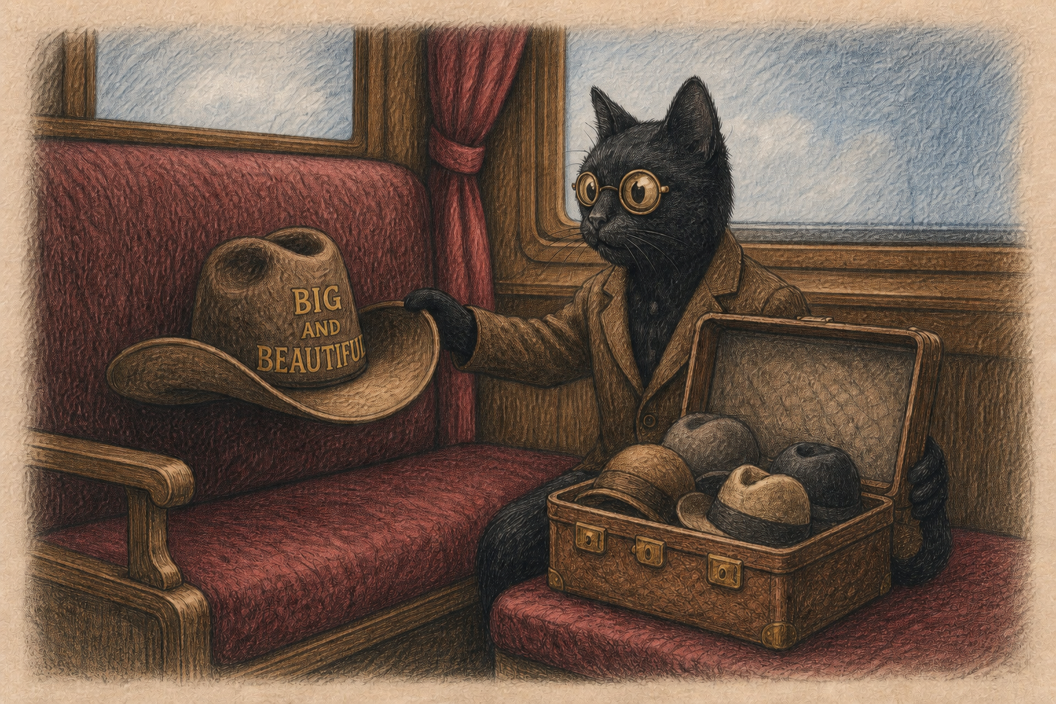 Colorized published-book sketch of Bob the Black Cat collecting hats inside the Train to Elsewhere.