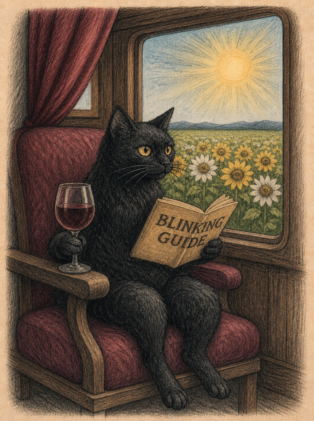 Colorized published-book sketch of Bob the Black Cat reading the Blinking Guide aboard the Train to Elsewhere.