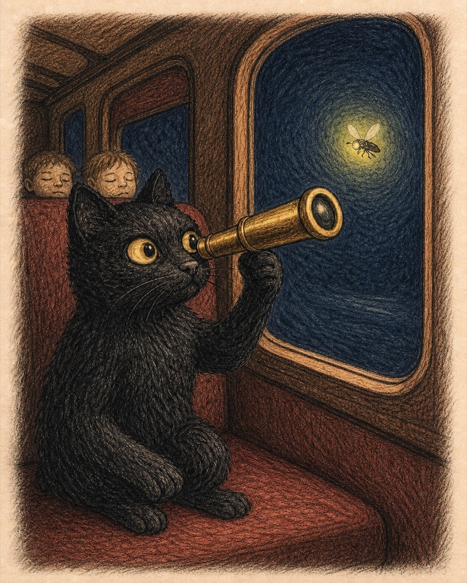 Colorized published-book sketch of Bob the Black Cat observing a glowing firefly through a telescope aboard the Train to Elsewhere.