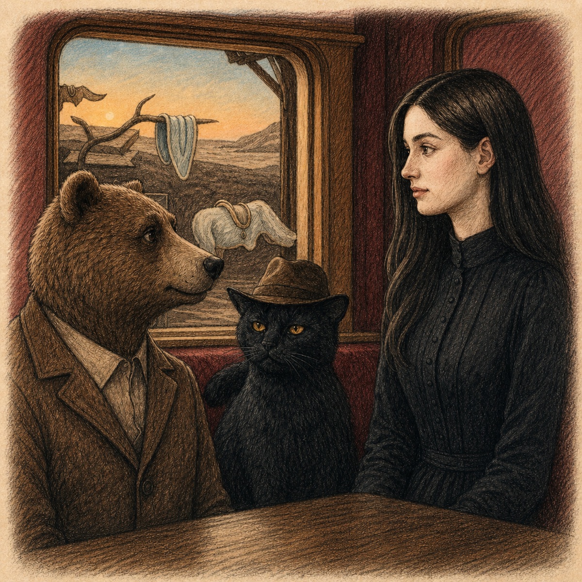 Colorized published-book sketch of Bearton Rogers, Bob the Black Cat, and Ms. Understood aboard the Train to Elsewhere.