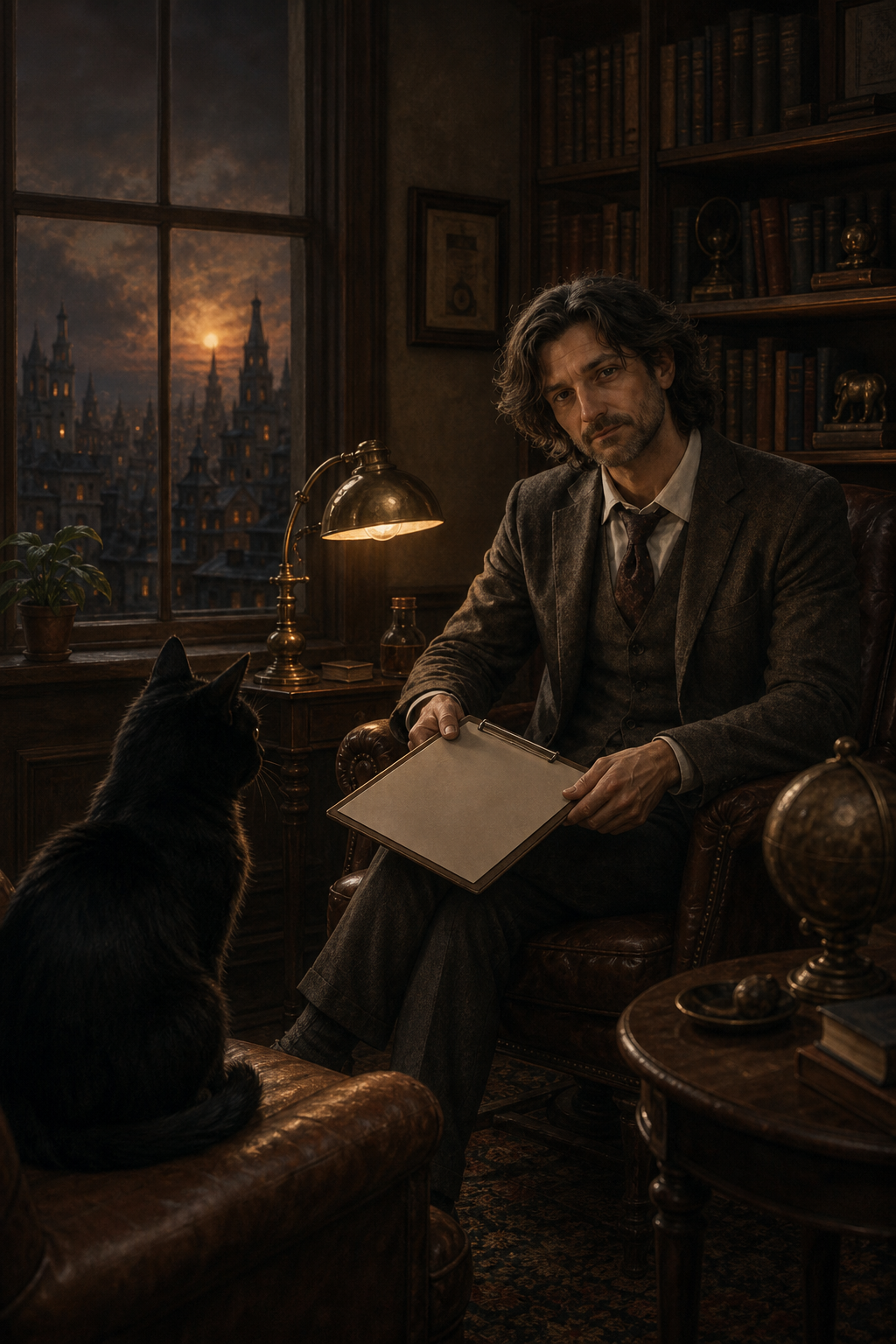 Dr. Lionel Schrink holding an empty clipboard while Bob the Black Cat observes him