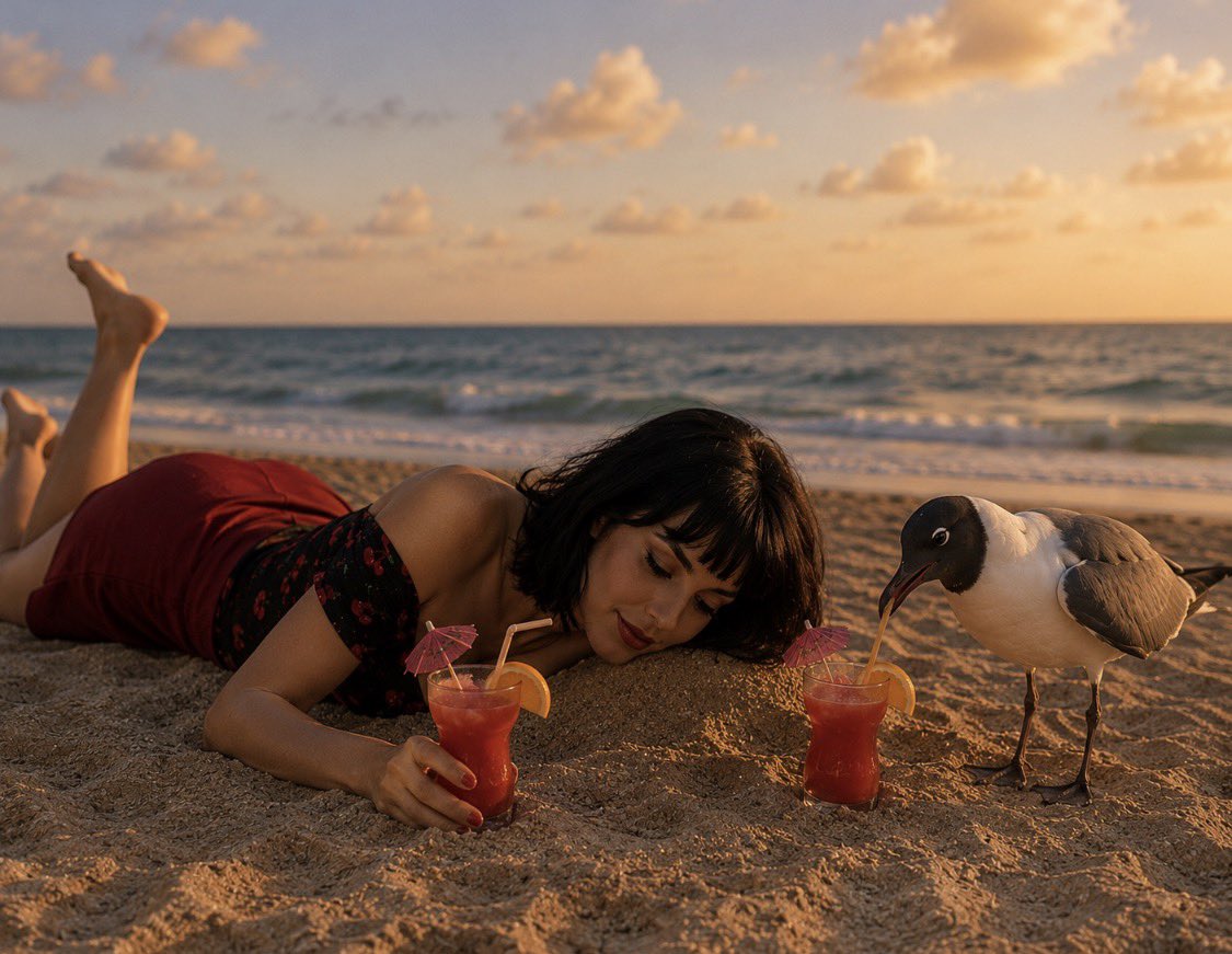 Missy on the beach speaking with an official-looking gull