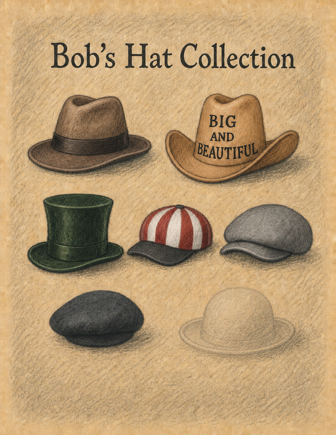 Bob’s seven correctly colored hats: brown Lethe fedora, tan cowboy hat, green velvet top hat, red-and-white circus cap, gray cap, dark-gray beret, and transparent shapeless hat.