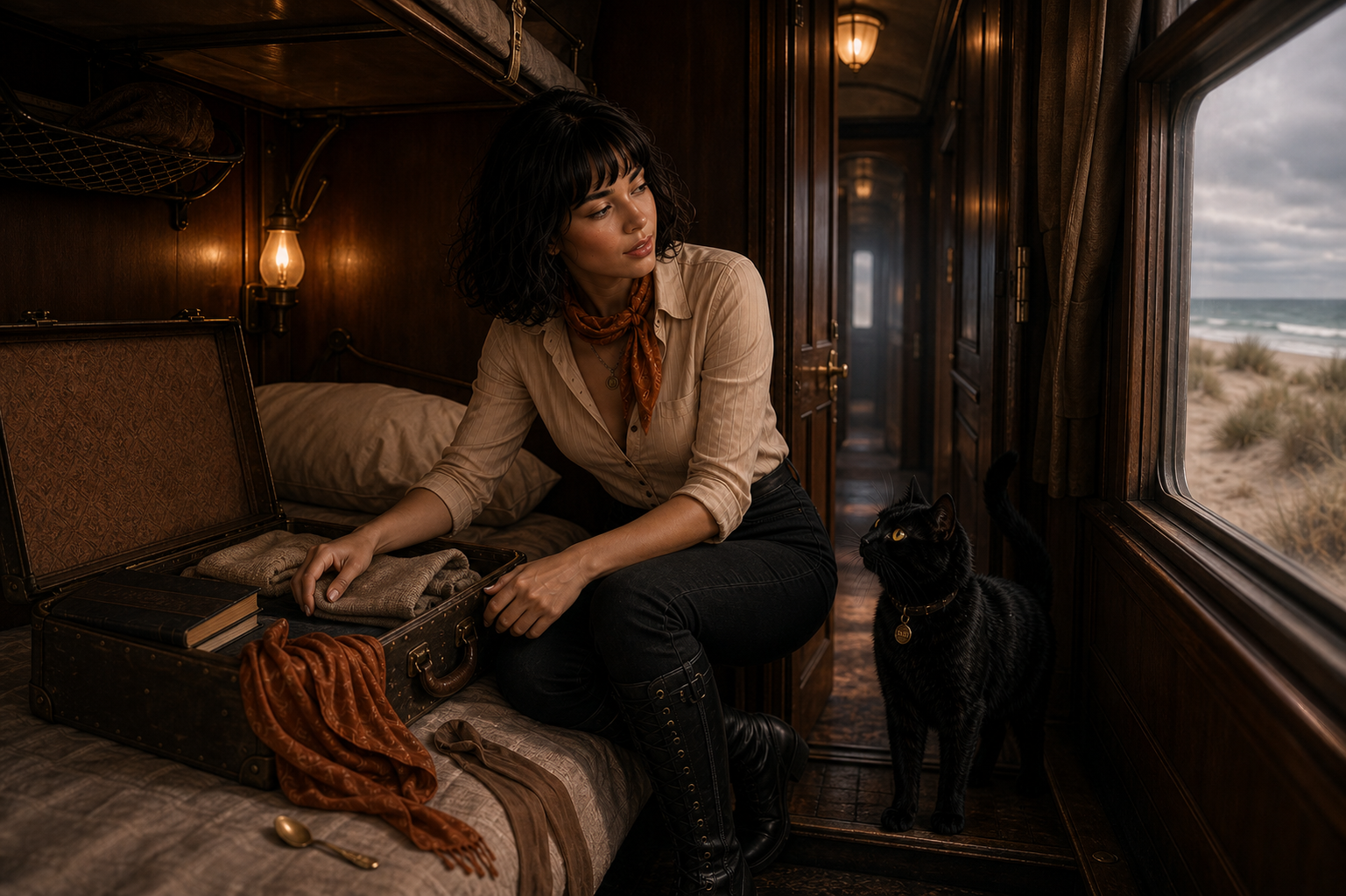 Missy packing her suitcase while Bob waits beside her aboard the Train to Elsewhere