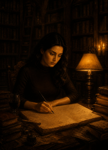 Missy writing by lamplight in the Head Librarian's library