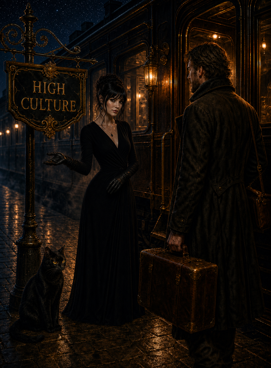 Lady Marmalade welcomes Gurgeh beneath the High Culture sign while Bob watches on a moonlit railway platform.