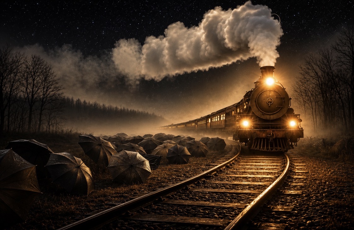 The Train to Elsewhere approaching through a moonlit landscape