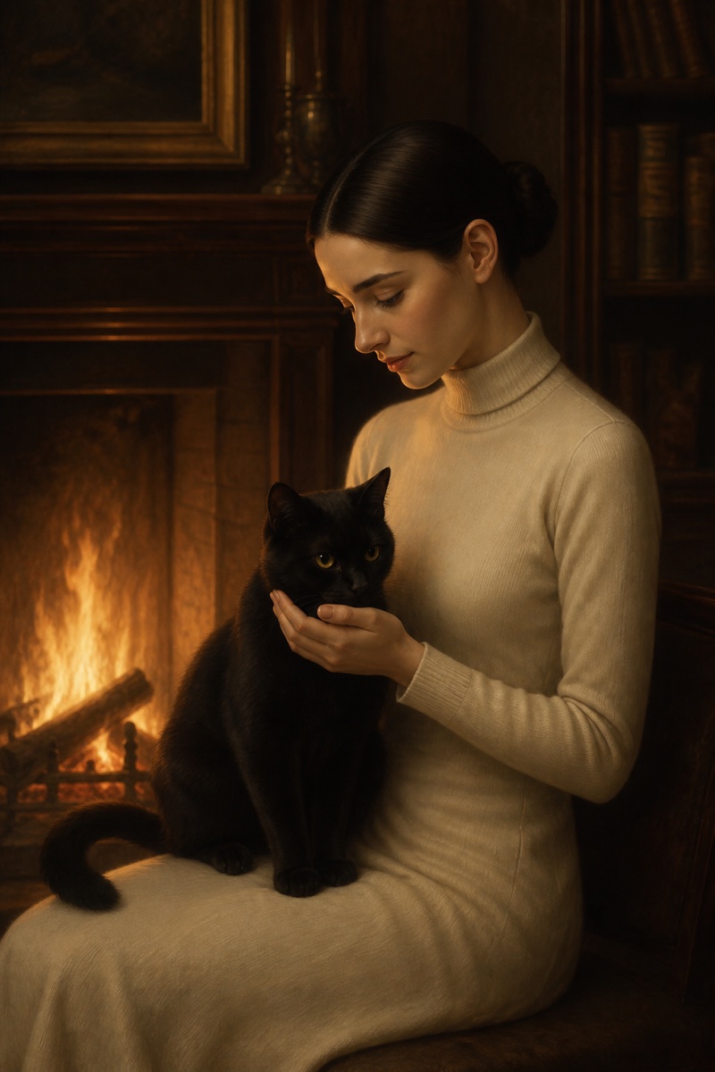 Lucinda Lightbulb holding a black cat beside a glowing fireplace