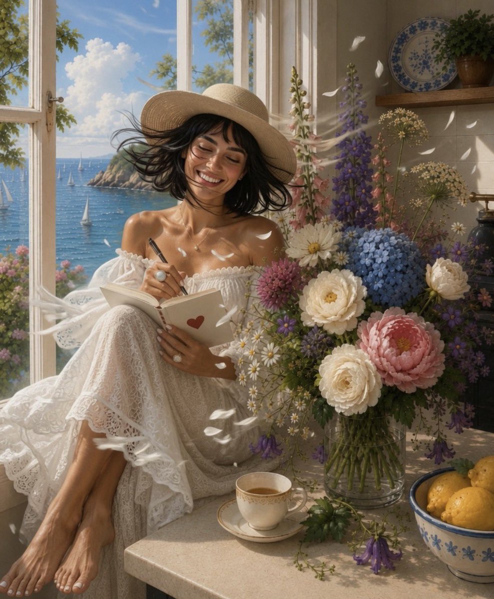 Missy writing in a journal beside flowers and tea by an open seaside window