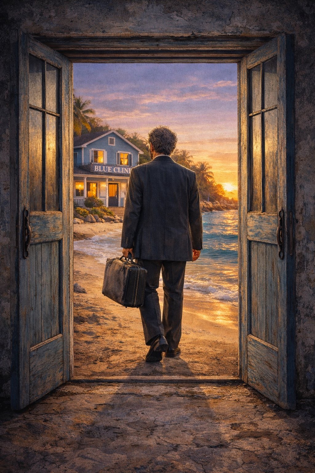A man carrying a briefcase walks through weathered blue doors toward the Blue Clinic beside the sea.