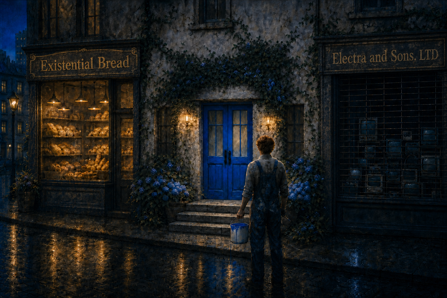 A painter carrying blue paint faces the flower-covered blue doors of the Blue Clinic between Existential Bread and the closed Electra and Sons electronics store.