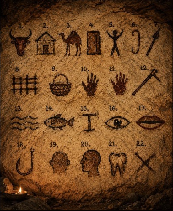 Twenty-two ancient pictorial symbols painted on a cave wall