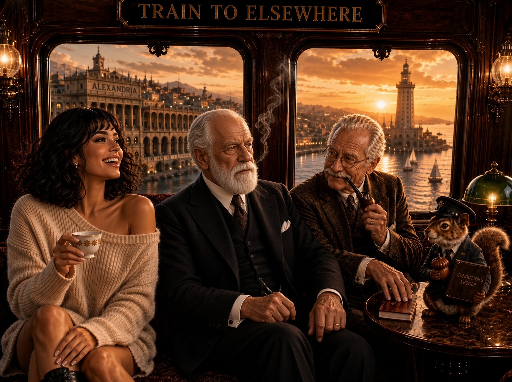 Missy laughs with Freud, Jung, and the Conductor Squirrel aboard the Train to Elsewhere as Alexandria passes outside.