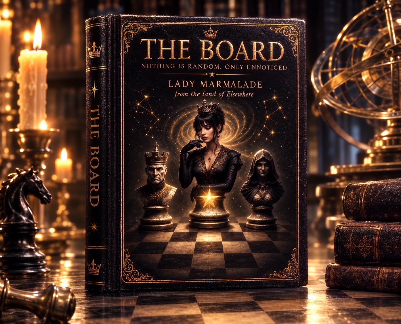 The Board — Lady Marmalade’s Guide to Chess, presented as an ornate book surrounded by chess pieces and candlelight.