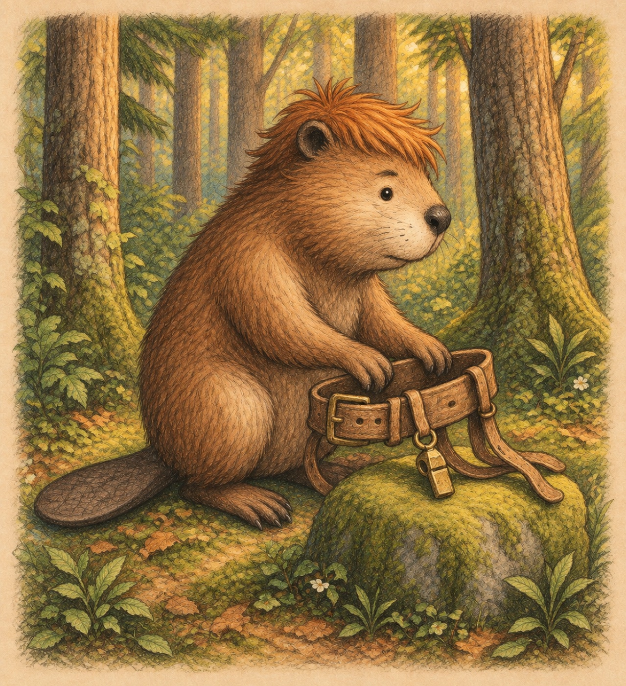 Billie of the Forest rests beside his tool belt in the Enchanted Forest.
