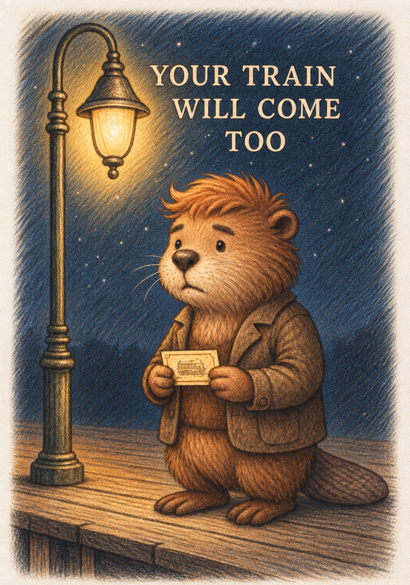 Billie waits beneath a station lamp, holding a golden ticket for the Train to Elsewhere.