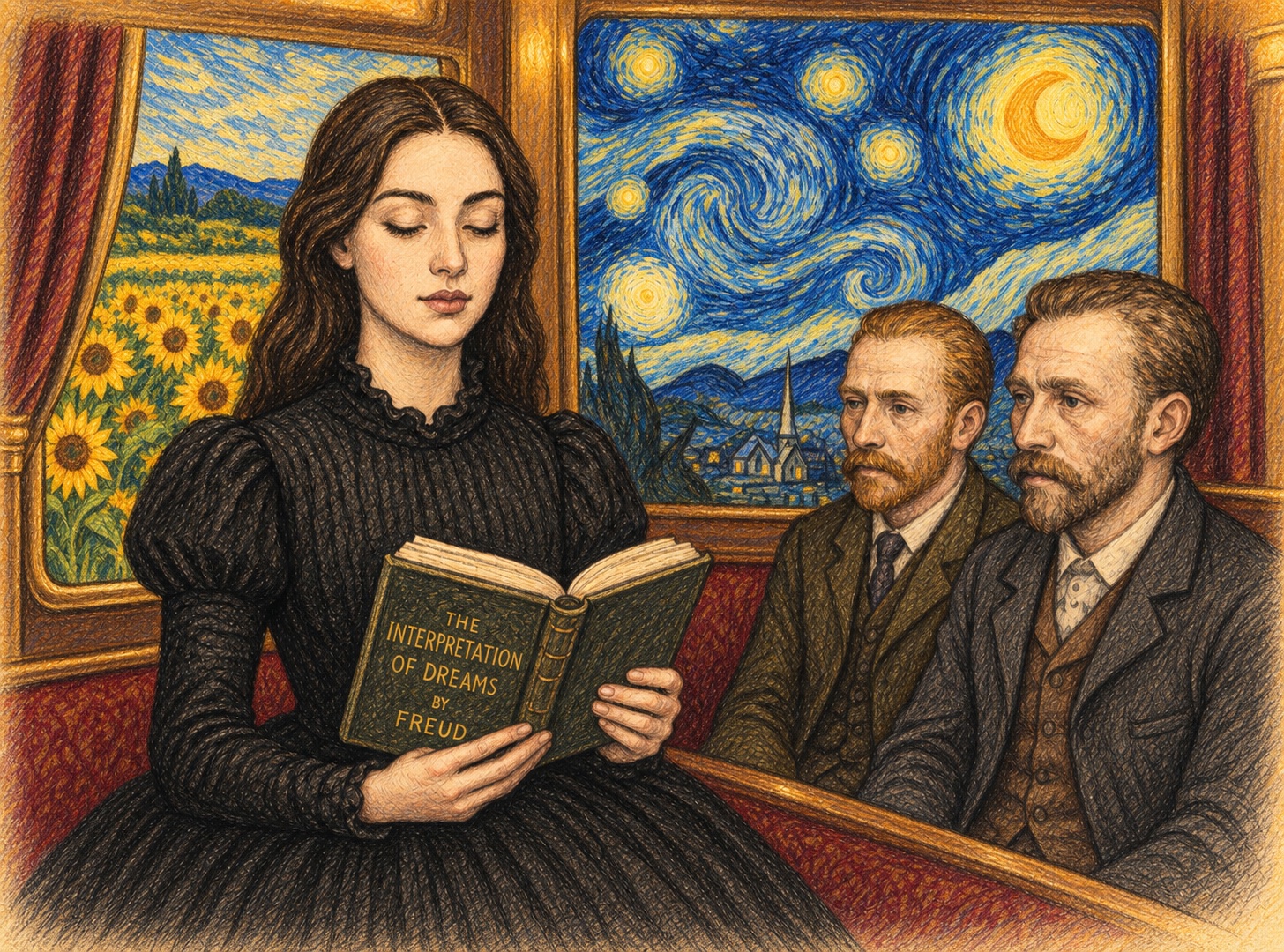 Ms. Understood reads beside Vincent and Theo as sunflowers and a starry sky appear beyond the train windows.
