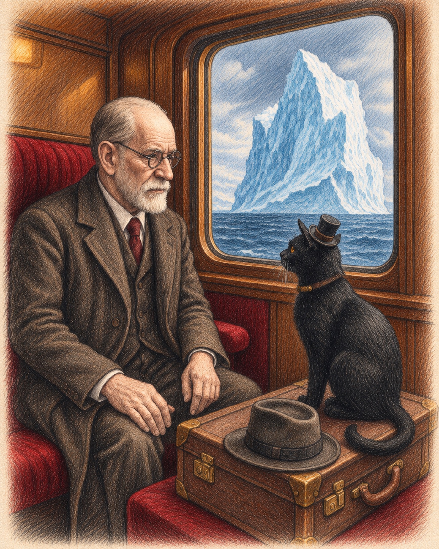 Sigmund Freud and Bob the black cat face one another inside the train as an iceberg passes outside.