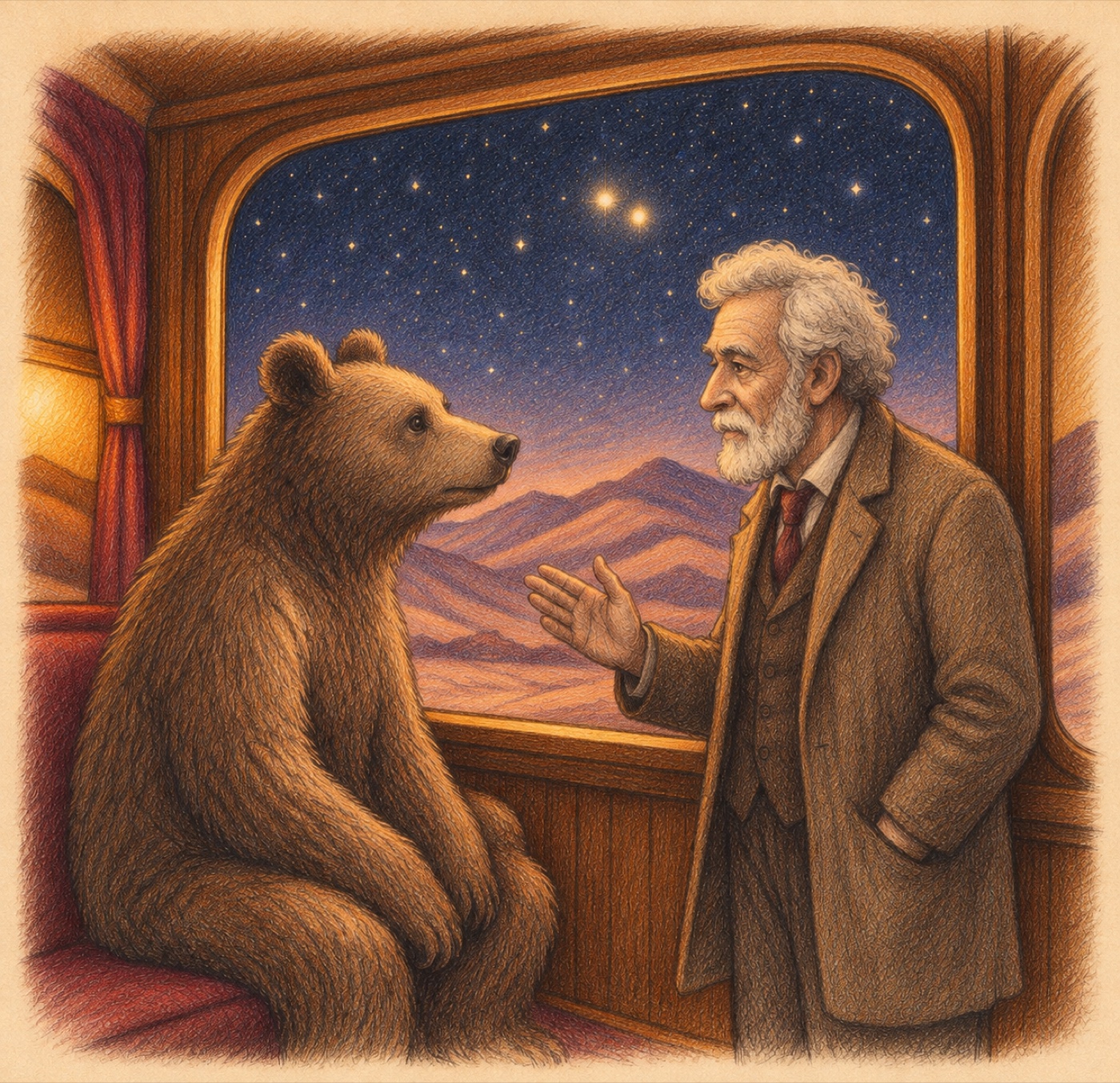Bearton Rogers speaks with physicist David Bohm inside the train as Venus and Jupiter shine above pastel desert dunes.
