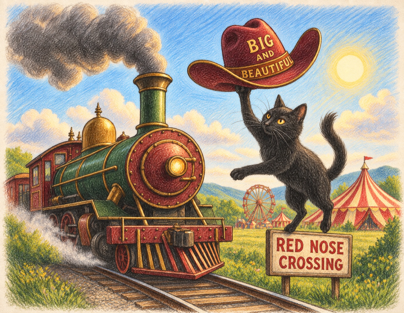 Bob the black cat leaps beside the Train to Elsewhere, reaching for a BIG AND BEAUTIFUL hat above the Red Nose Crossing circus.