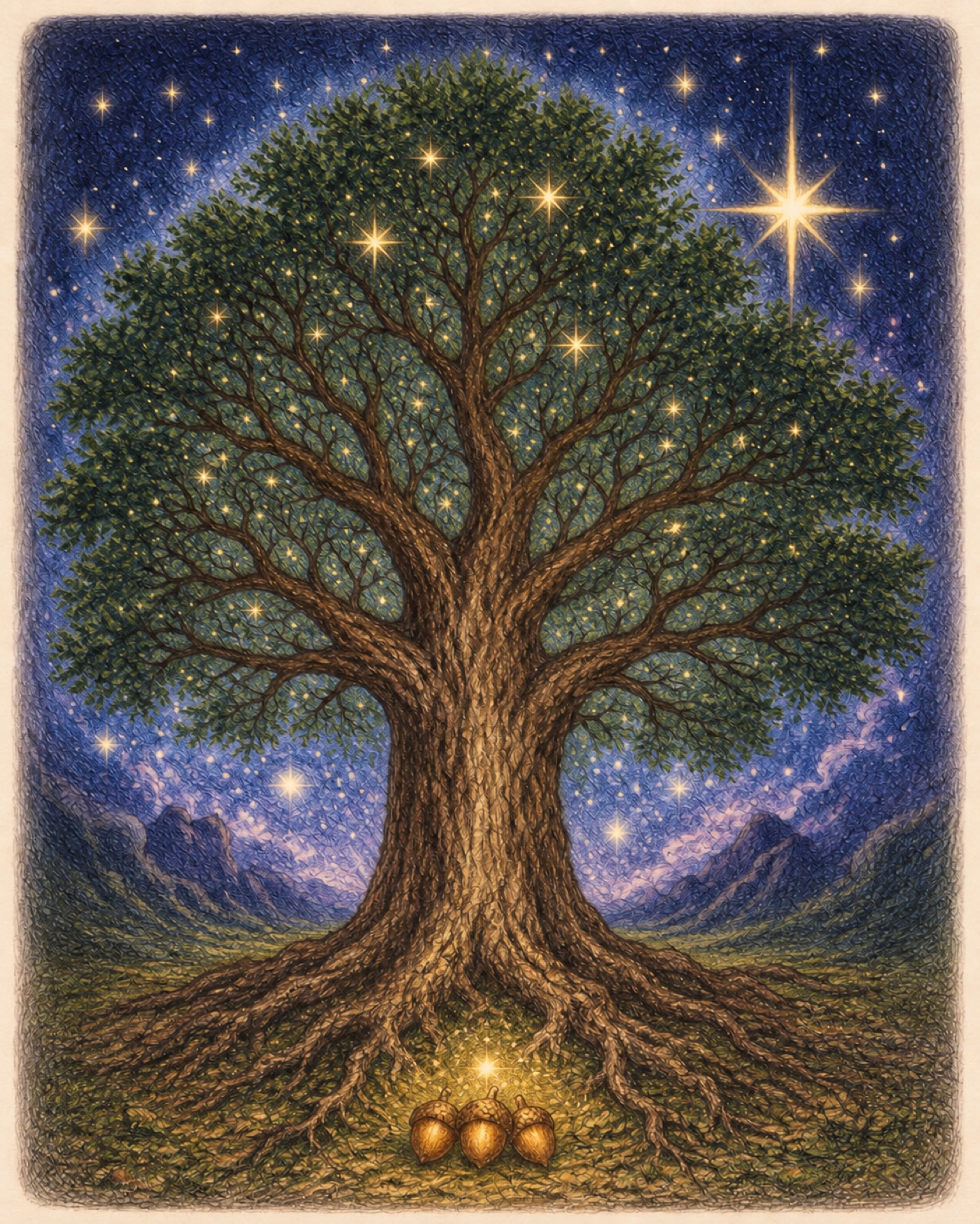 The ancient Cosmic Oak Tree glows beneath a star-filled sky, with three golden acorns resting among its roots.