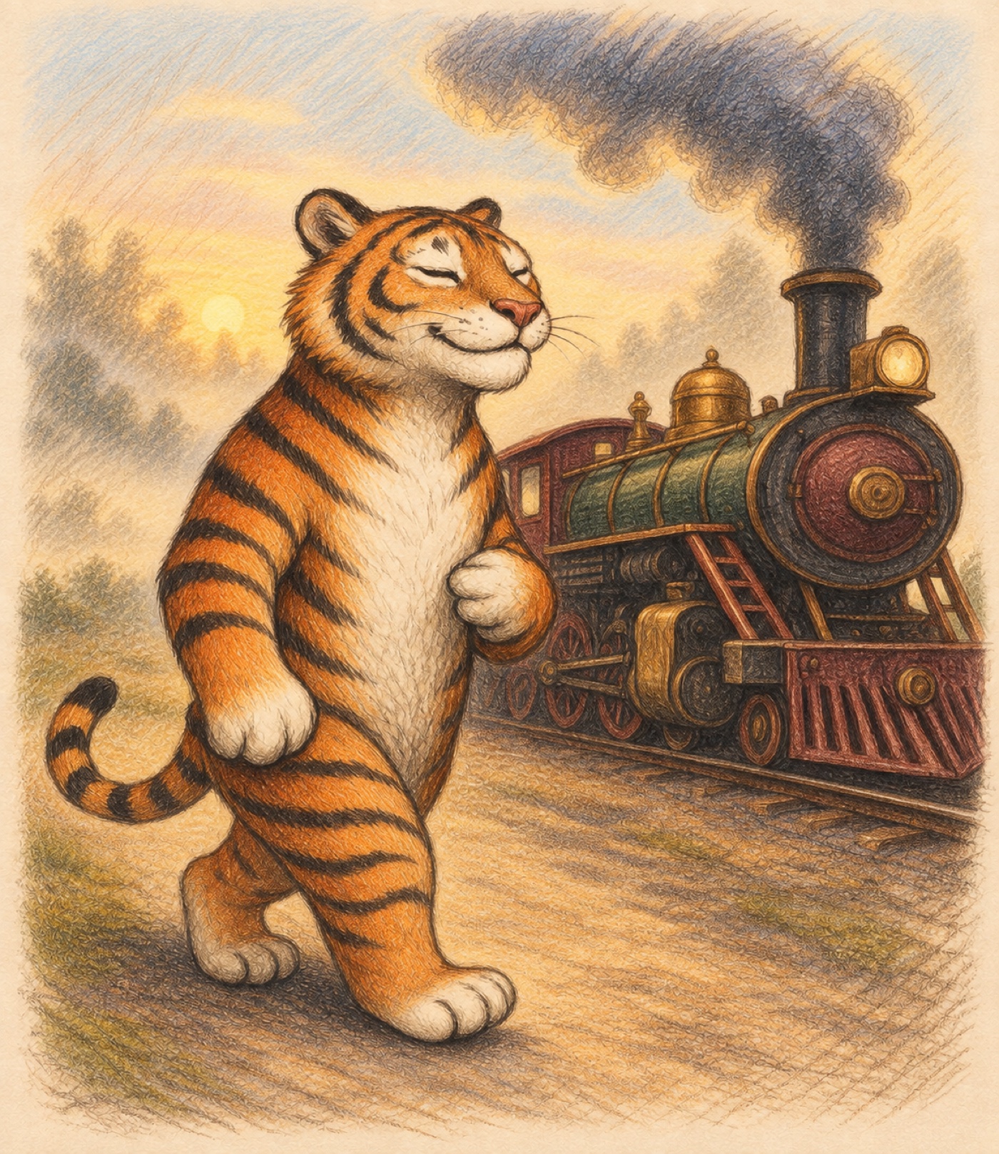 Tyger Noel walks contentedly beside the Train to Elsewhere in the golden morning light.