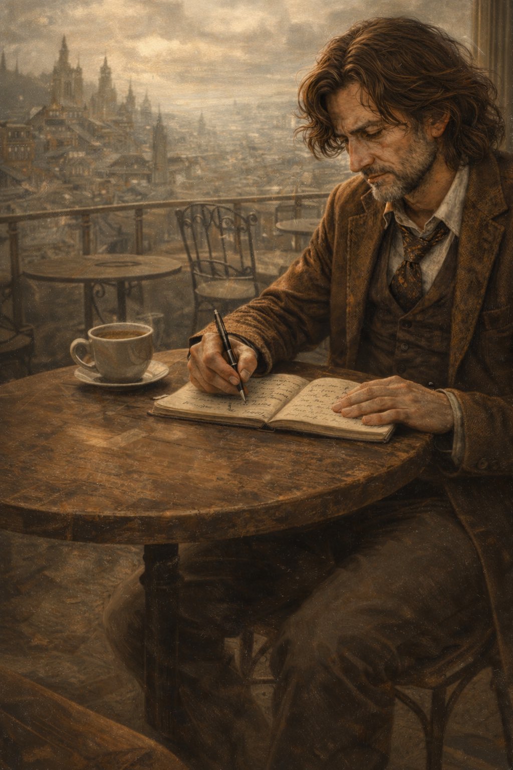 Dr. Lionel Schrink writing in his diary at a mountain café overlooking Emberpolis.