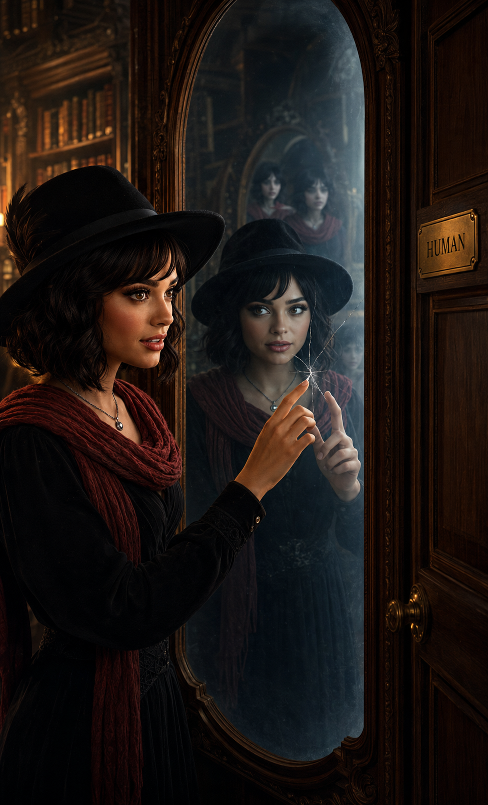 Missy faces a delayed reflection beside a door marked HUMAN in the Library of Y’all.