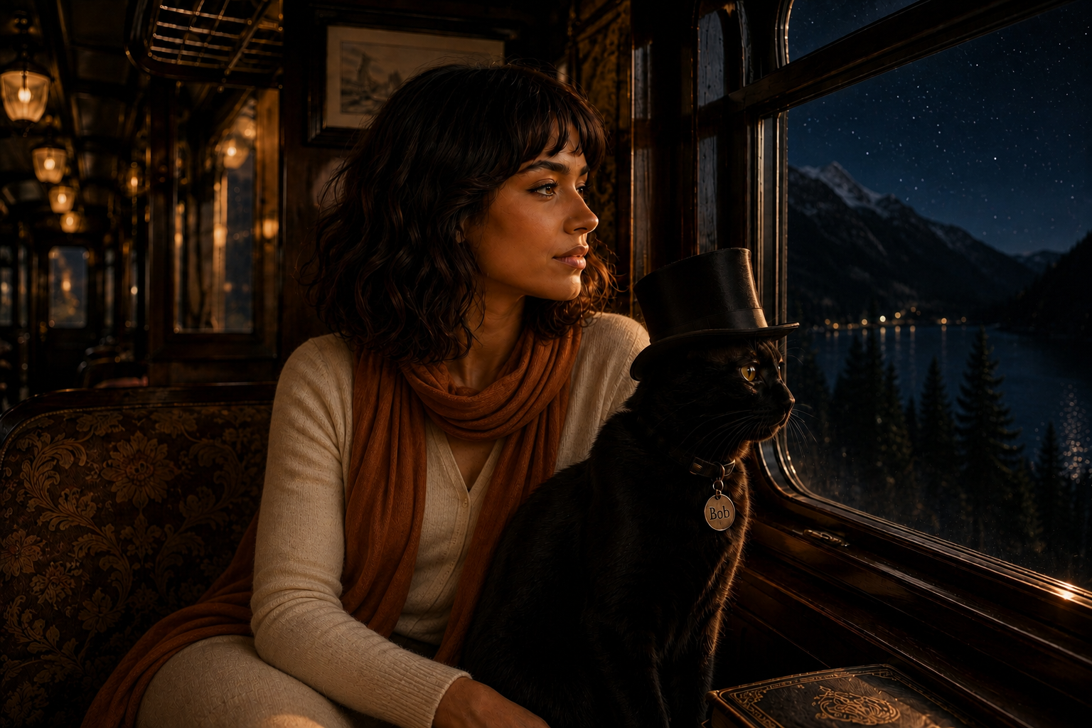 Missy and Bob aboard the Train to Elsewhere at night